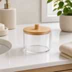 Cozy Haven Acrylic Cotton Swab Holder with Bamboo Lid - short round acrylic swab holder with bamboo lid