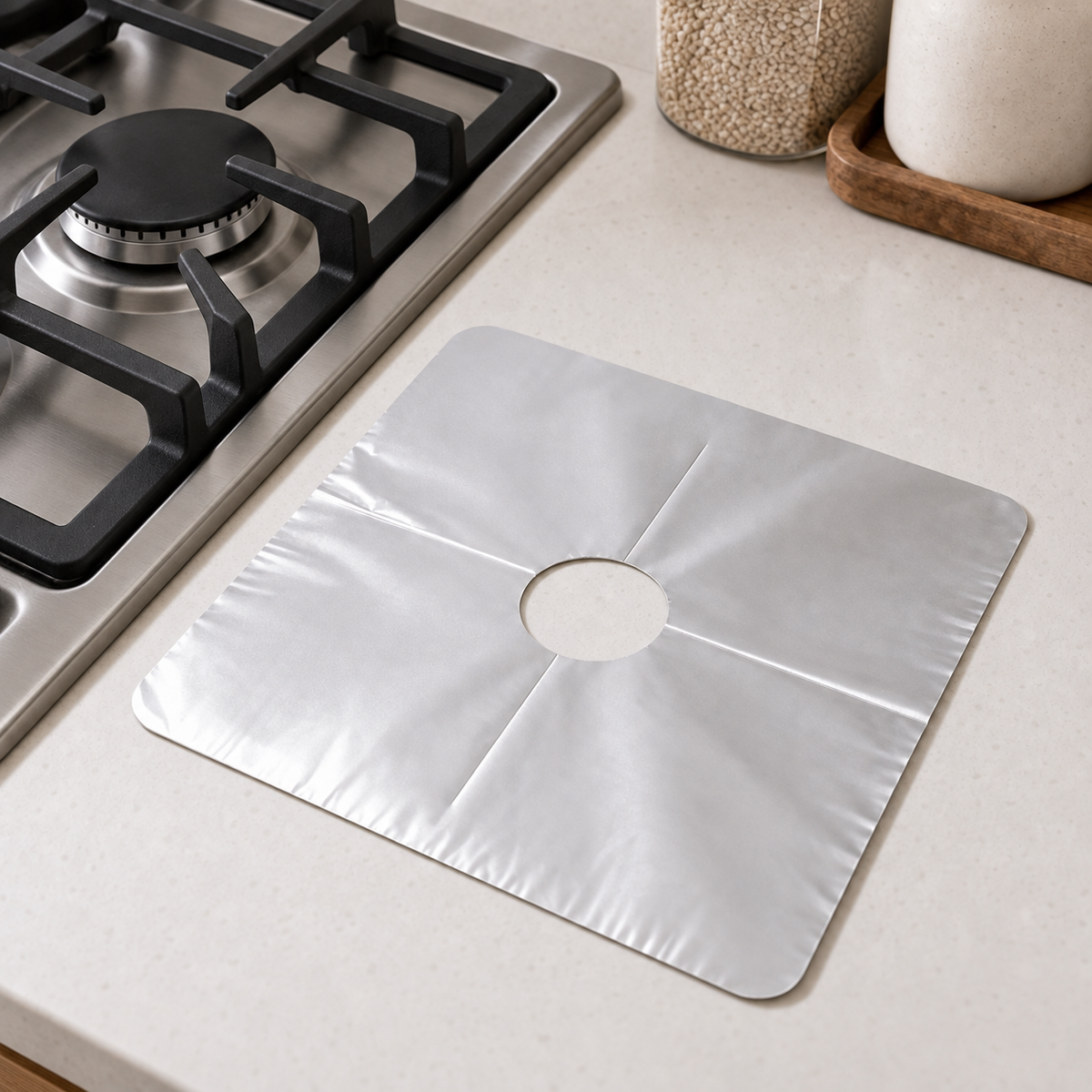 One Silver 27 x 27 cm gas-stove burner liner beside an unlit gas cooktop in a kitchen