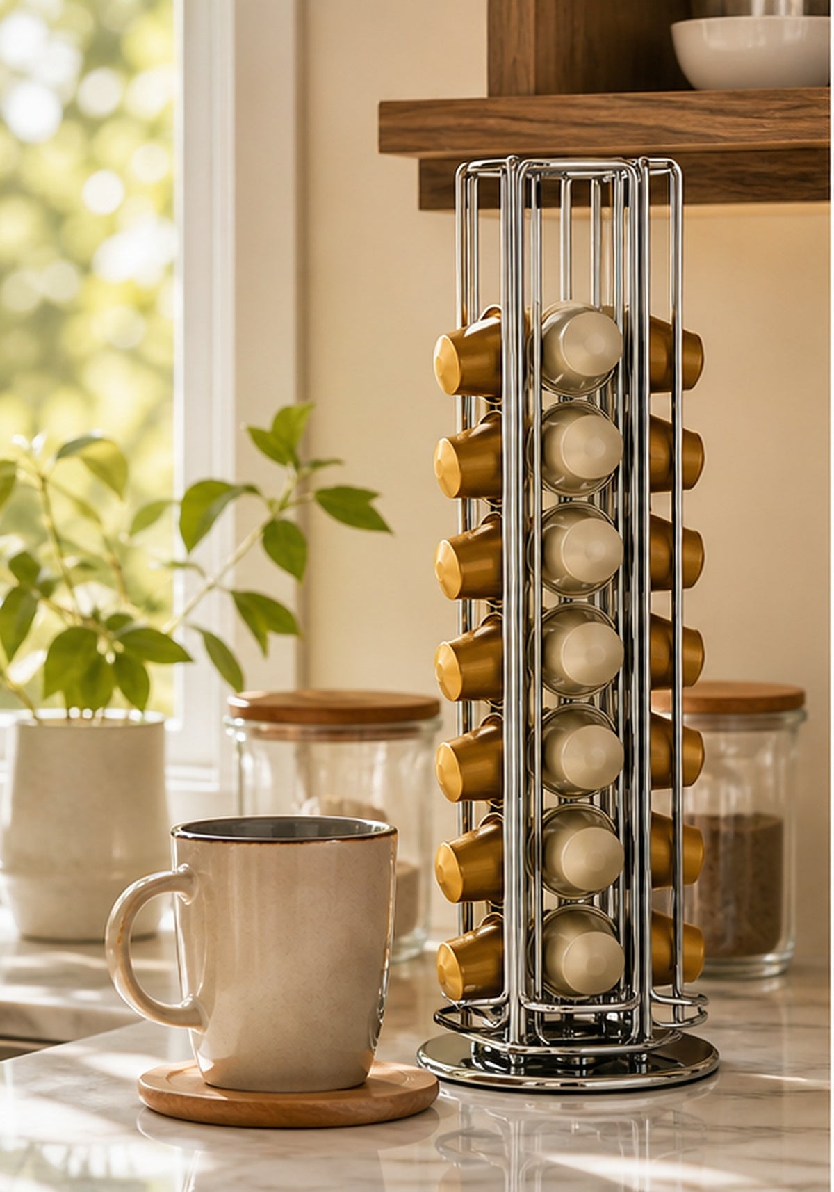 Cozy Haven Silver Coffee Capsule Storage Rack styled in a home setting