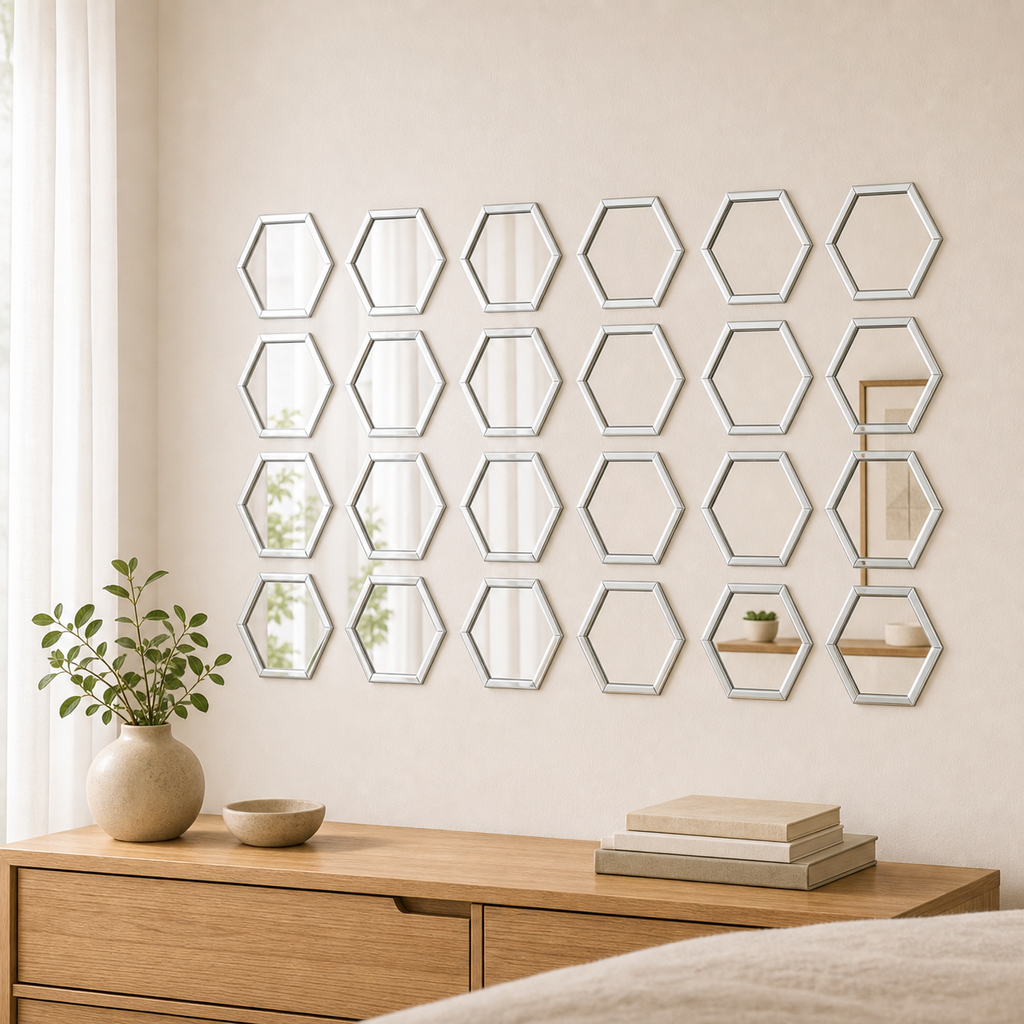 Cozy Haven 24-Piece Outline Hexagon Mirror Sticker Set - Silver - Small (160 x 140 x 80 mm), Silver - Large (200 x 173 x 100 mm)