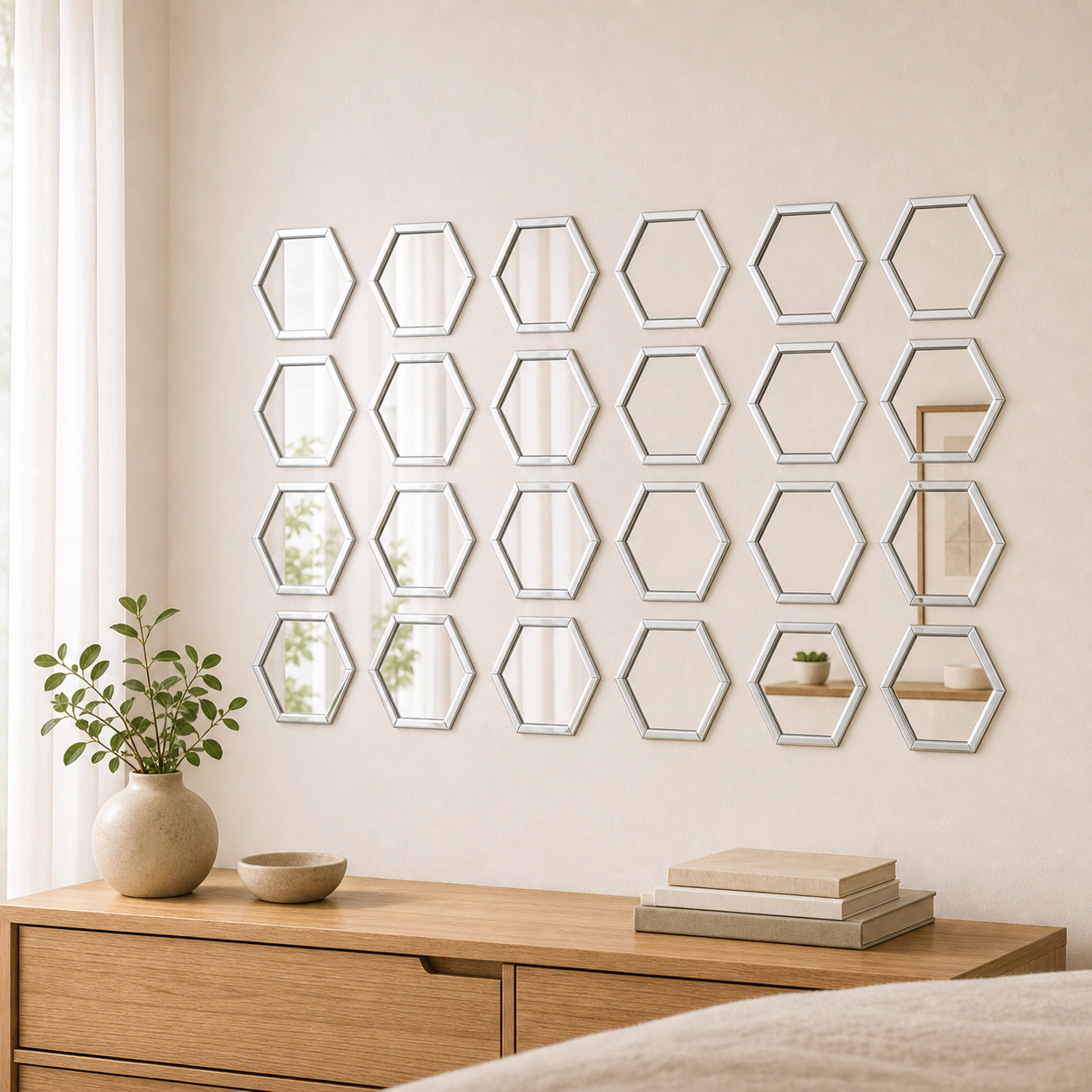 Cozy Haven 24-Piece Outline Hexagon Mirror Sticker Set - Silver - Small (160 x 140 x 80 mm), Silver - Large (200 x 173 x 100 mm)