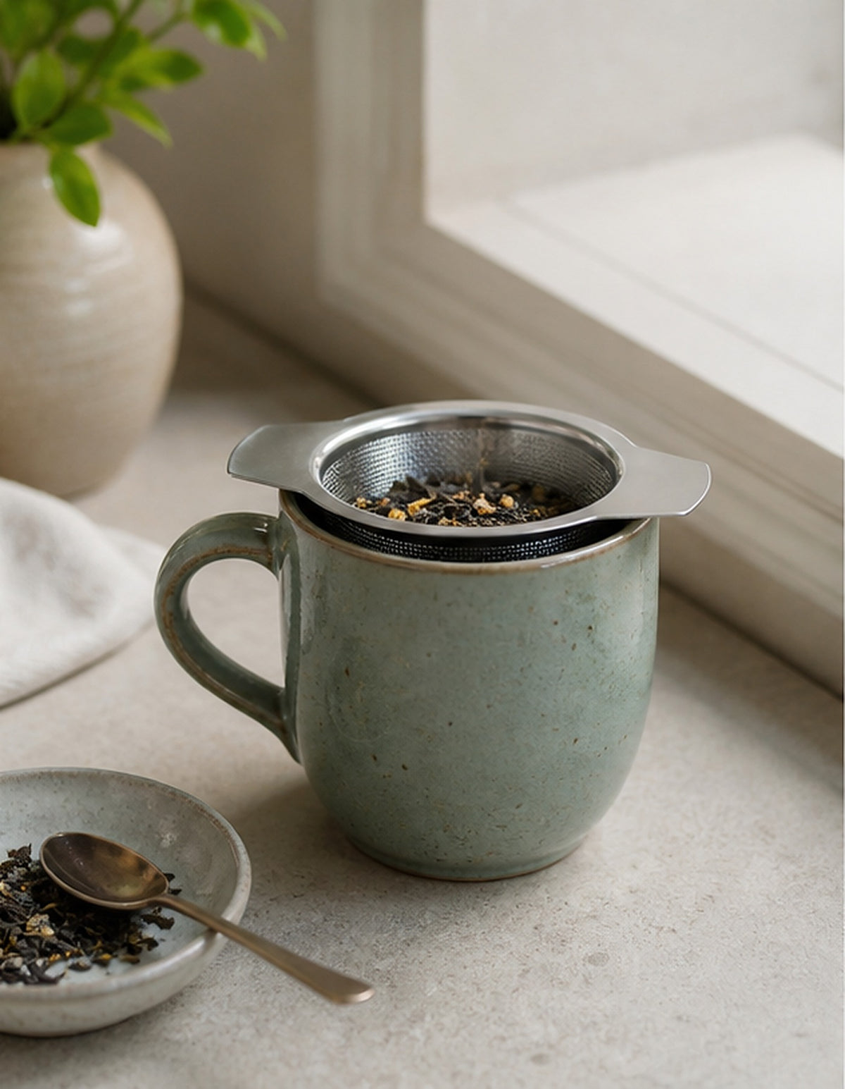 Cozy Haven Stainless Tea Infuser Basket styled in a home setting