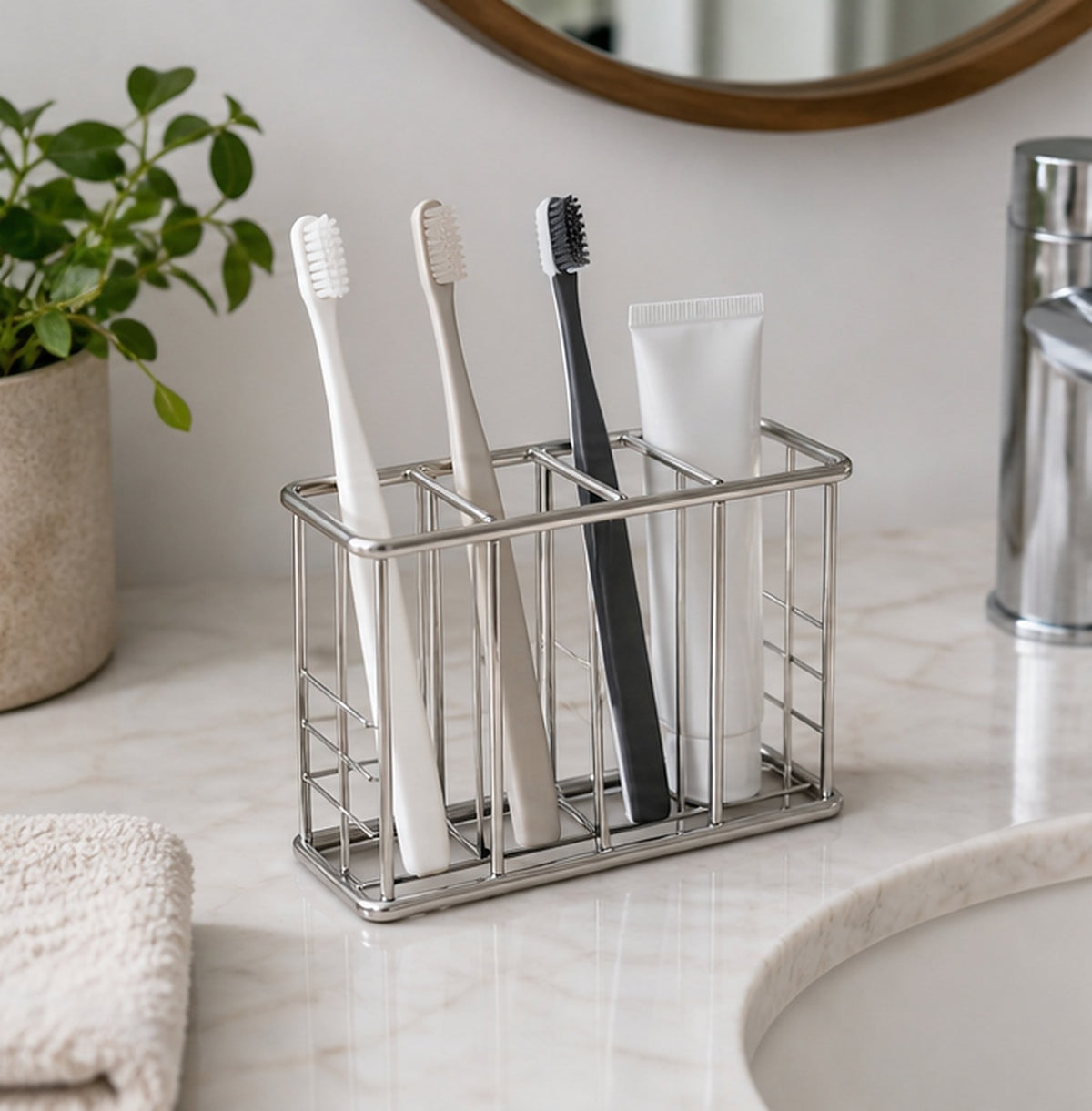 Cozy Haven Stainless Toothbrush Stand styled in a home setting