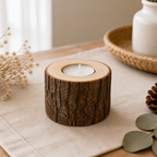 Cozy Haven Natural Wood Tea Light Holder medium bark single holder styled view