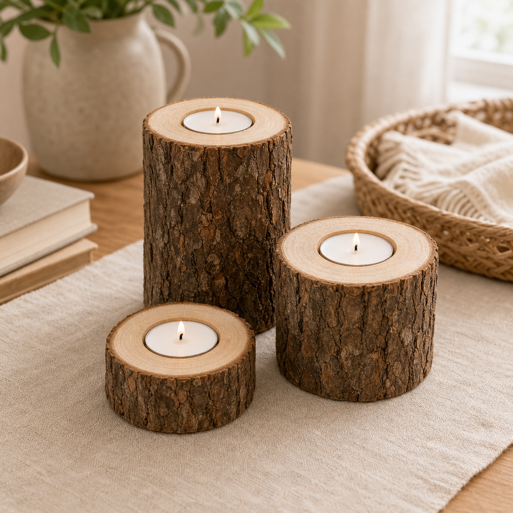 Cozy Haven 3-Piece Bark Holder Set natural wood tea light holder lifestyle image style_one_set