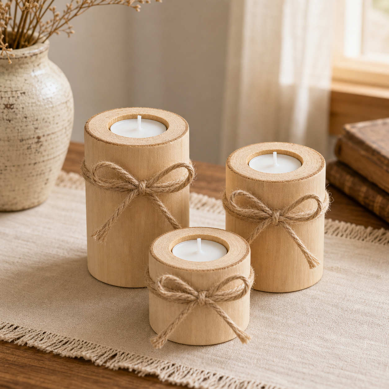 Cozy Haven 3-Piece Twine Holder Set natural wood tea light holder lifestyle image style_two_set