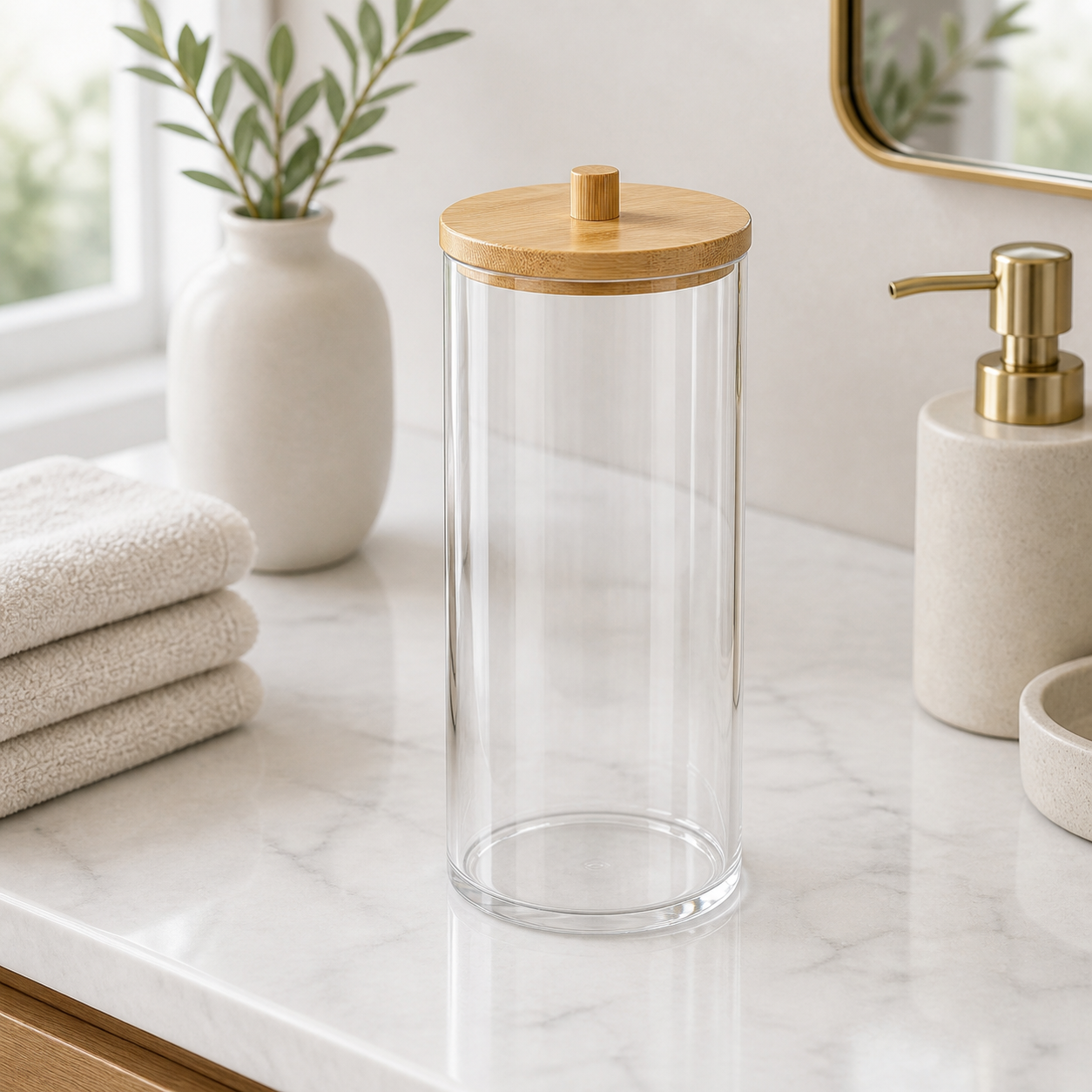 Cozy Haven Acrylic Cotton Swab Holder with Bamboo Lid - tall round acrylic swab holder with bamboo lid