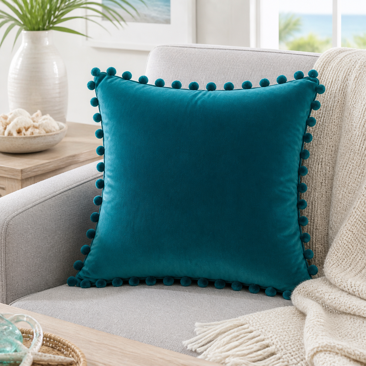 Cozy Haven Pom-Pom Velvet Pillow Cover - Teal / 45 x 45 cm, Teal / 40 x 40 cm