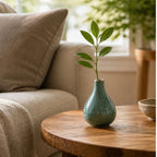 Cozy Haven Teal Ceramic Bud Vase styled home view 1