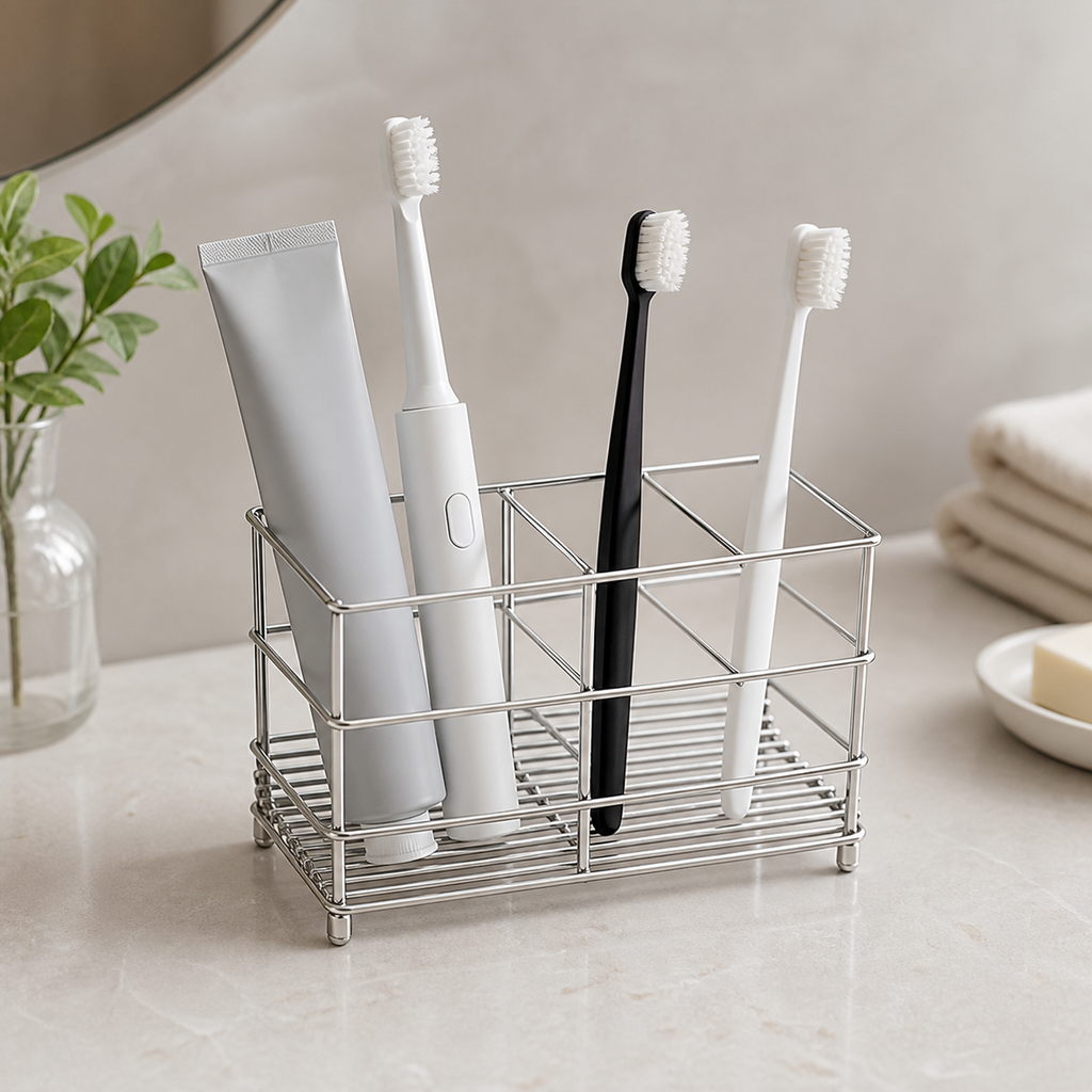 Cozy Haven Stainless Toothbrush Stand with one wide and two narrow compartments on a bathroom counter