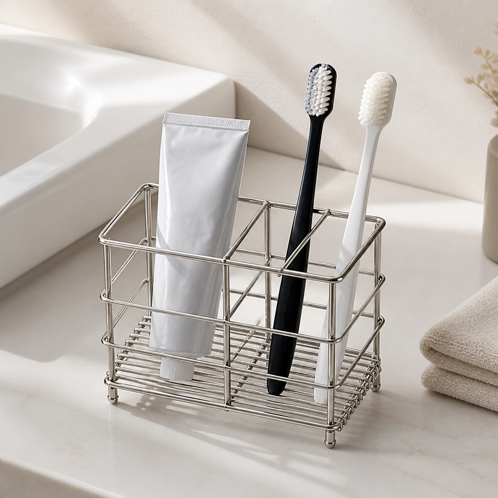 Cozy Haven Stainless Toothbrush Stand angled bathroom view showing the three-compartment layout