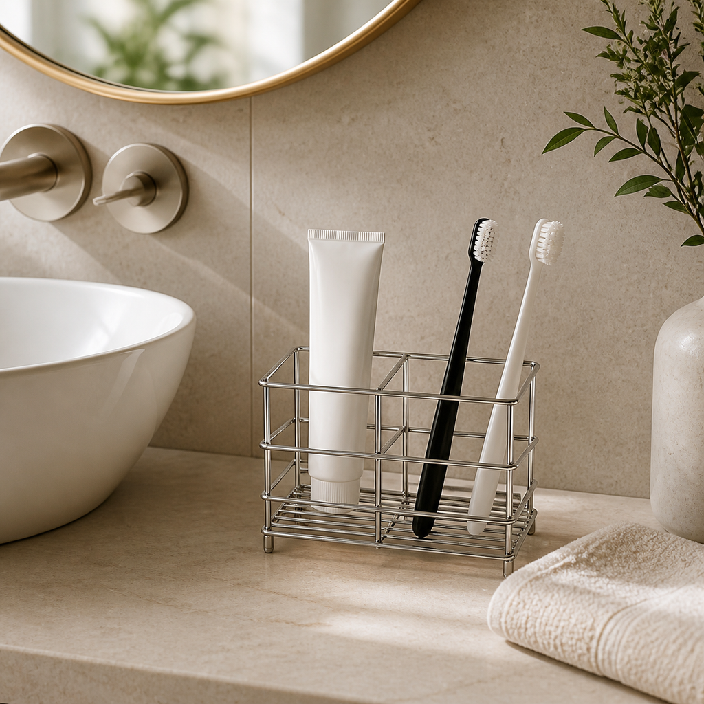 Cozy Haven Stainless Toothbrush Stand in a warm neutral bathroom setting