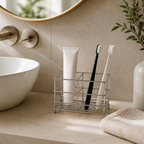 Cozy Haven Stainless Toothbrush Stand in a warm neutral bathroom setting
