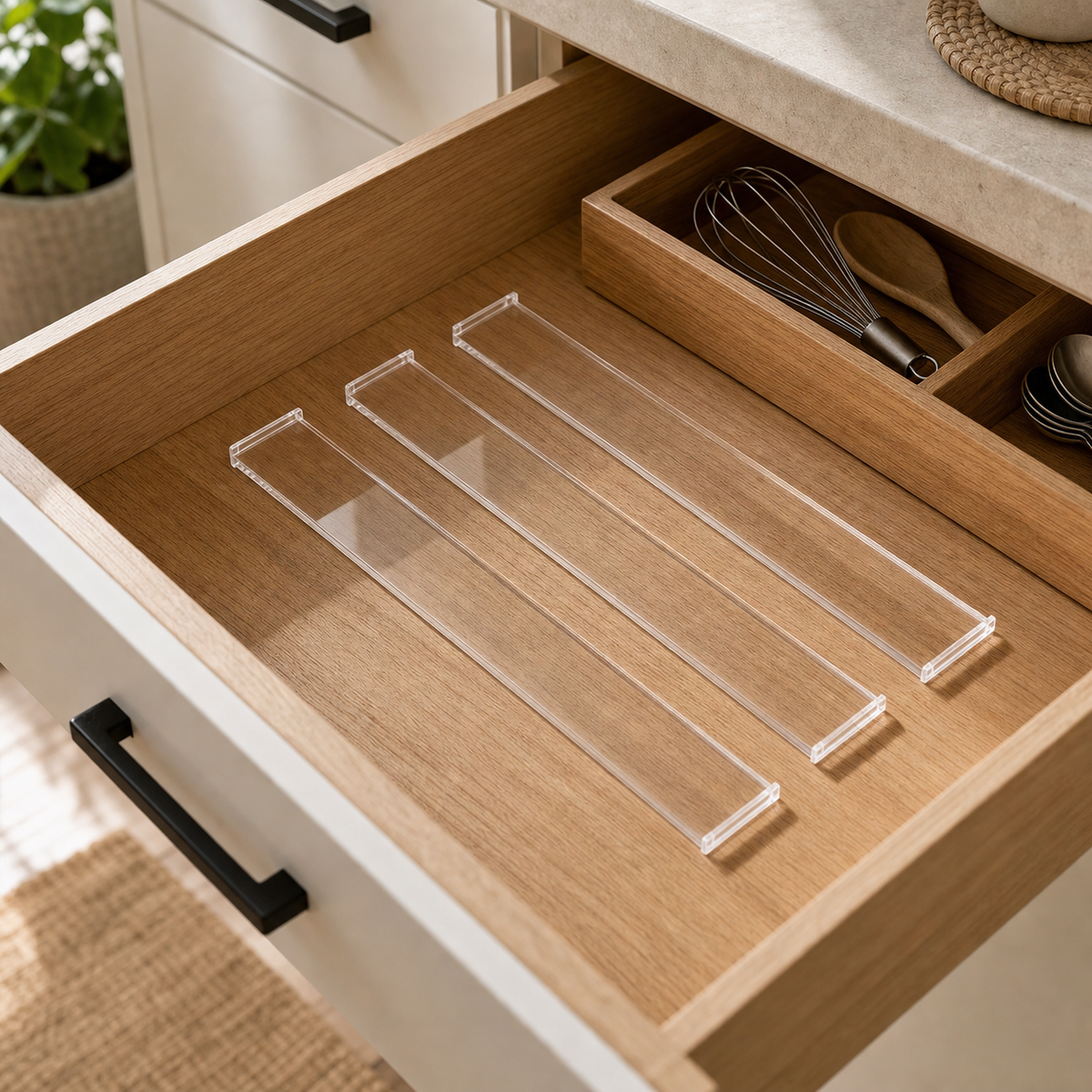 Cozy Haven Transparent Drawer Dividers styled in a home setting