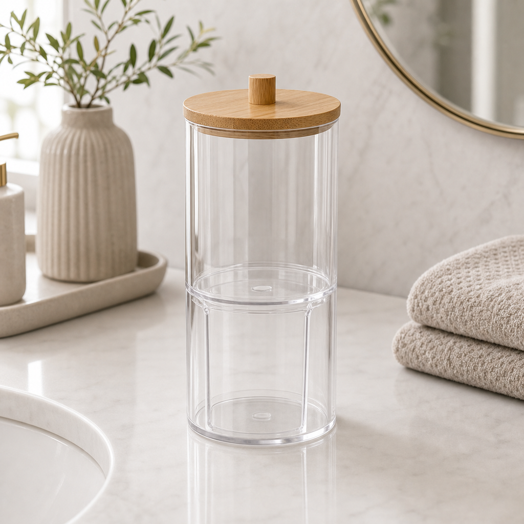 Cozy Haven Acrylic Cotton Swab Holder with Bamboo Lid - tall two-tier acrylic swab holder with bamboo lid
