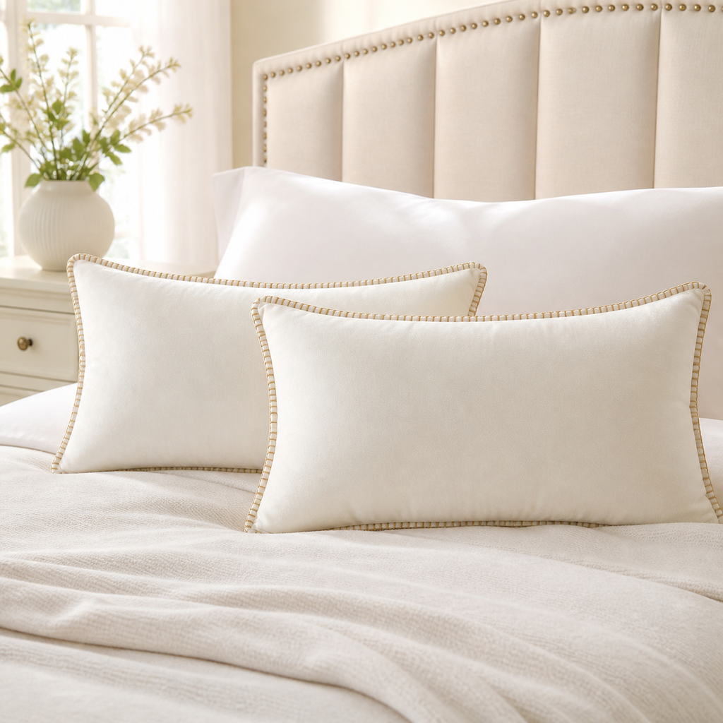 Cozy Haven Gold-Trim Velvet Pillow Covers - 2-Pack - 12 x 20 in (30 x 50 cm) / Cream White - 2 Pack