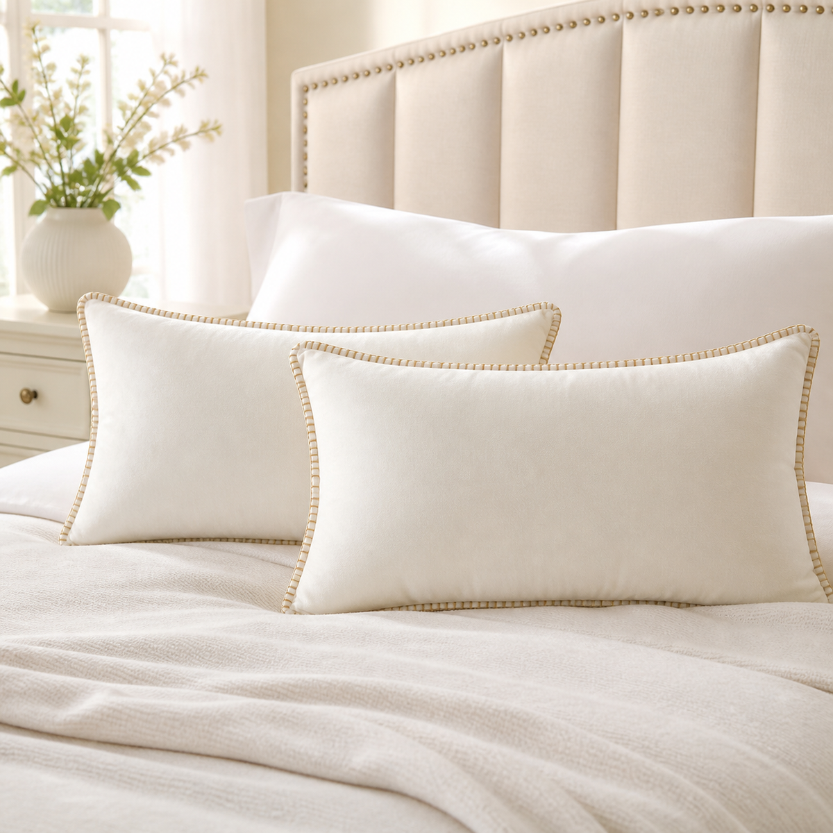 Cozy Haven Gold-Trim Velvet Pillow Covers - 2-Pack styled in a home setting