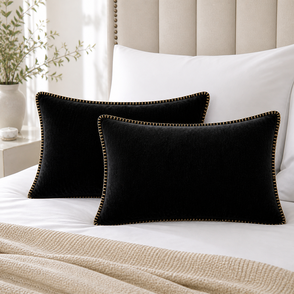 Cozy Haven Gold-Trim Velvet Pillow Covers - 2-Pack - 12 x 20 in (30 x 50 cm) / Black - 2 Pack