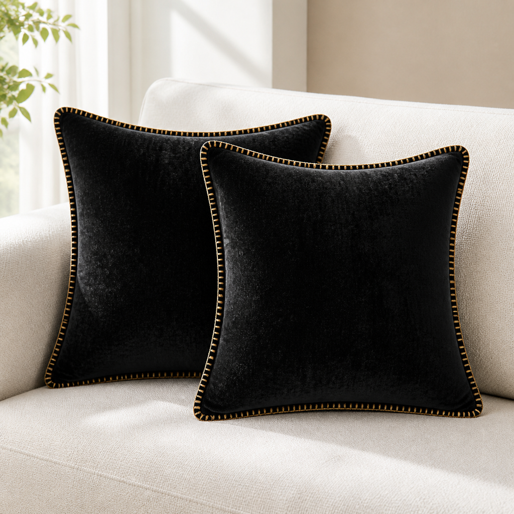 Cozy Haven Gold-Trim Velvet Pillow Covers - 2-Pack - 18 x 18 in (45 x 45 cm) / Black - 2 Pack