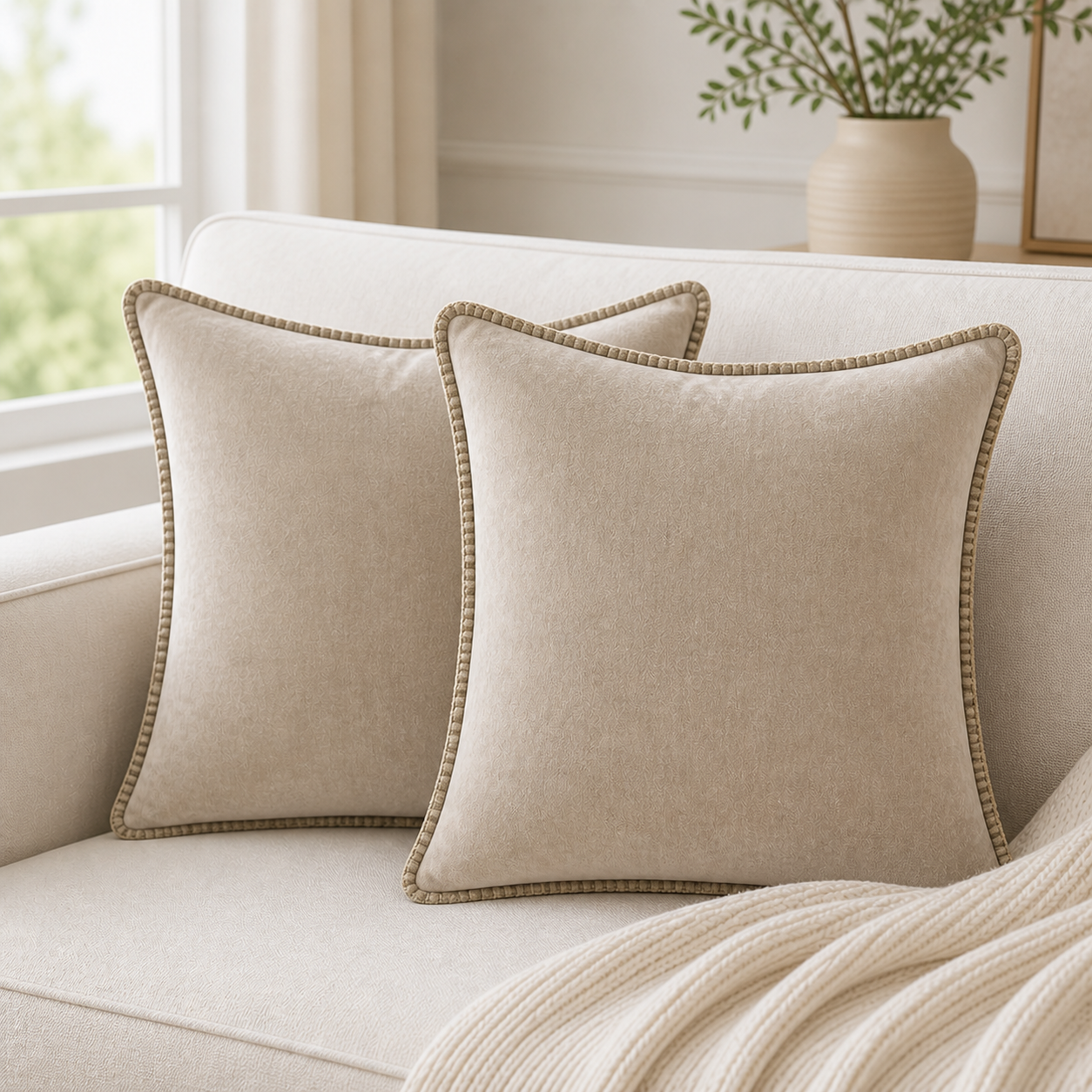Cozy Haven Gold-Trim Velvet Pillow Covers - 2-Pack - 18 x 18 in (45 x 45 cm) / Beige - 2 Pack
