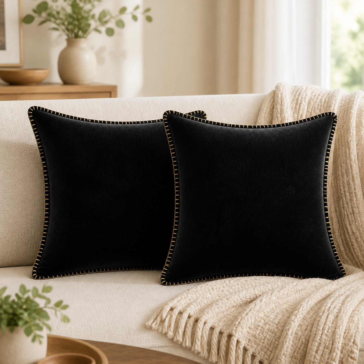 Cozy Haven Gold-Trim Velvet Pillow Covers - 2-Pack - 20 x 20 in (50 x 50 cm) / Black - 2 Pack