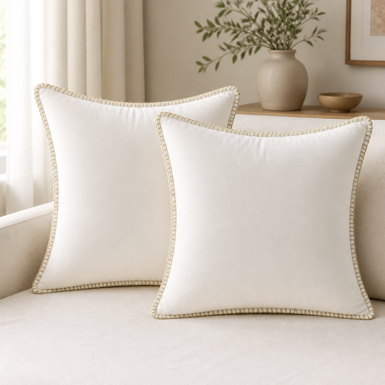 Cozy Haven Gold-Trim Velvet Pillow Covers - 2-Pack - 22 x 22 in (55 x 55 cm) / Cream White - 2 Pack