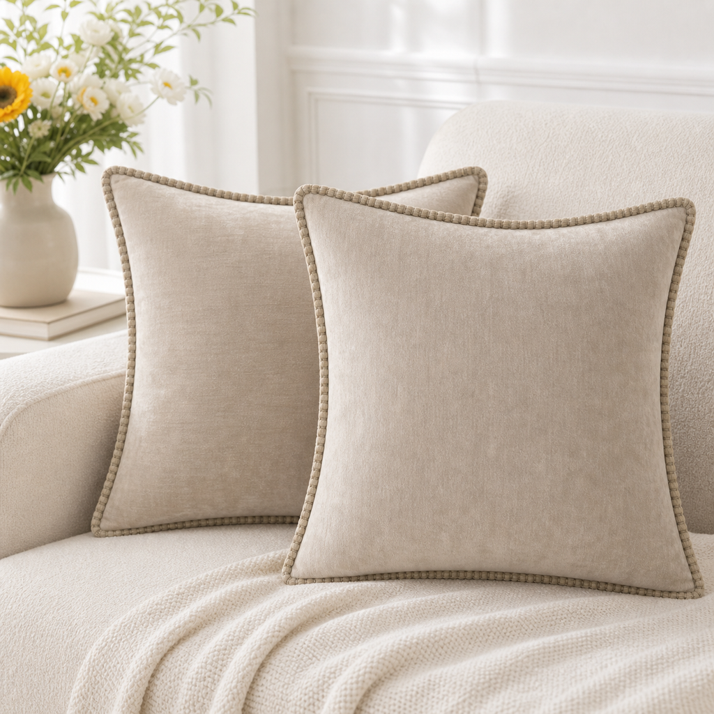 Cozy Haven Gold-Trim Velvet Pillow Covers - 2-Pack - 22 x 22 in (55 x 55 cm) / Beige - 2 Pack