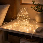 Warm white USB copper wire fairy lights styled in a vase with a USB power bank prop