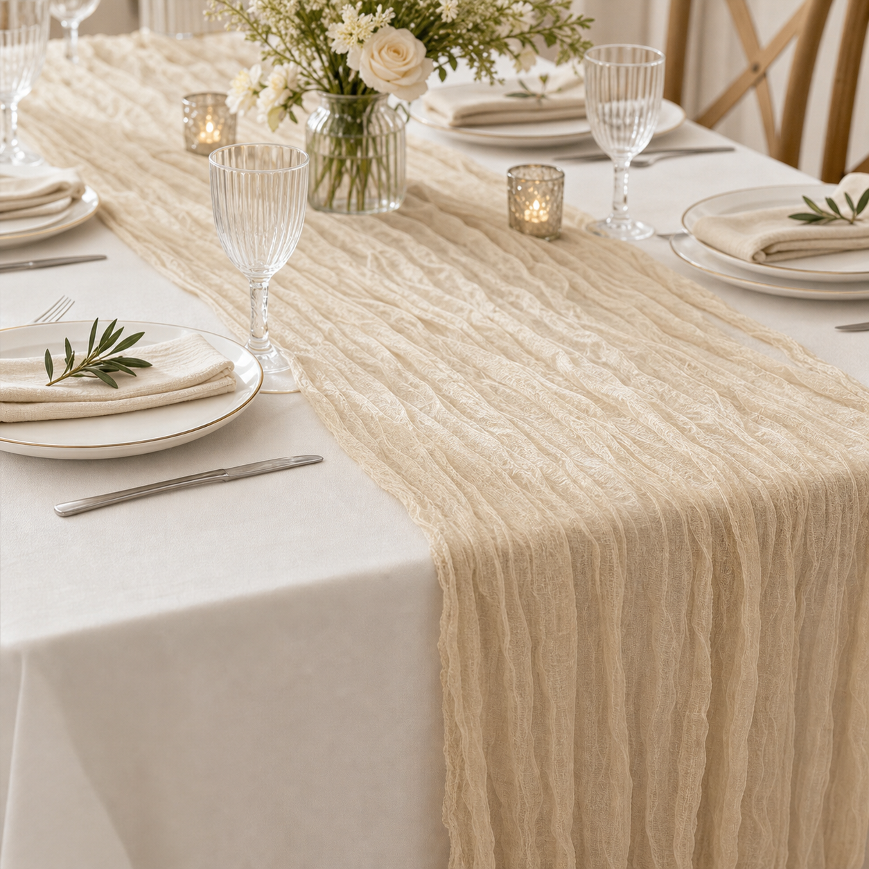 Beige crinkled gauze table runner styled on a set table