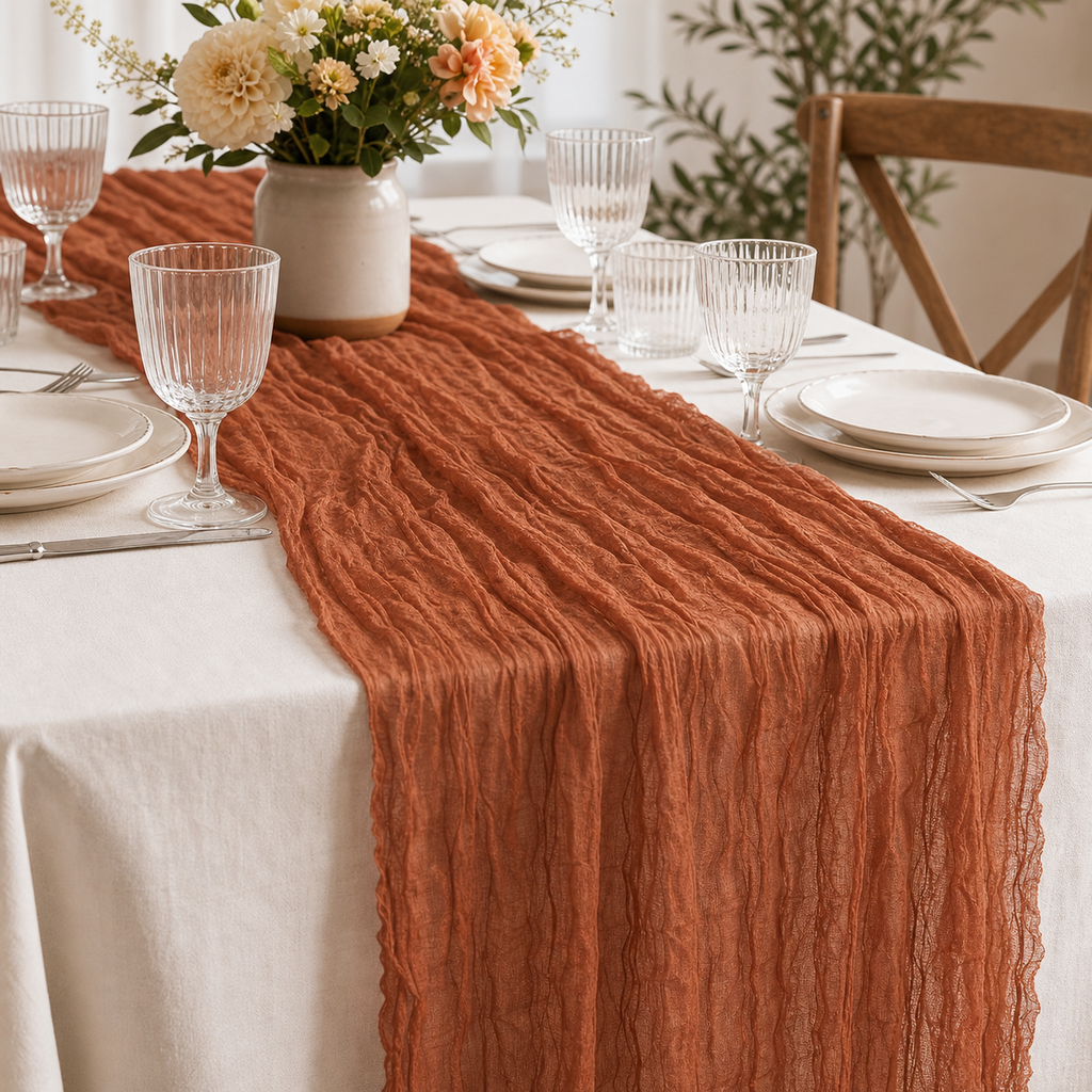 Terracotta crinkled gauze table runner styled on a set table