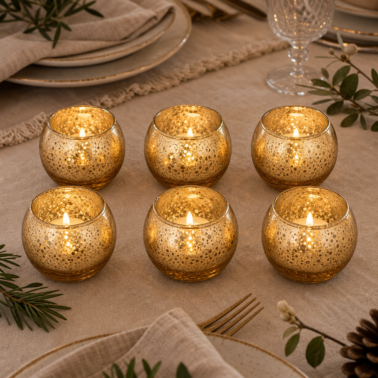 Six speckled gold mercury glass votive holders clustered on a dinner table