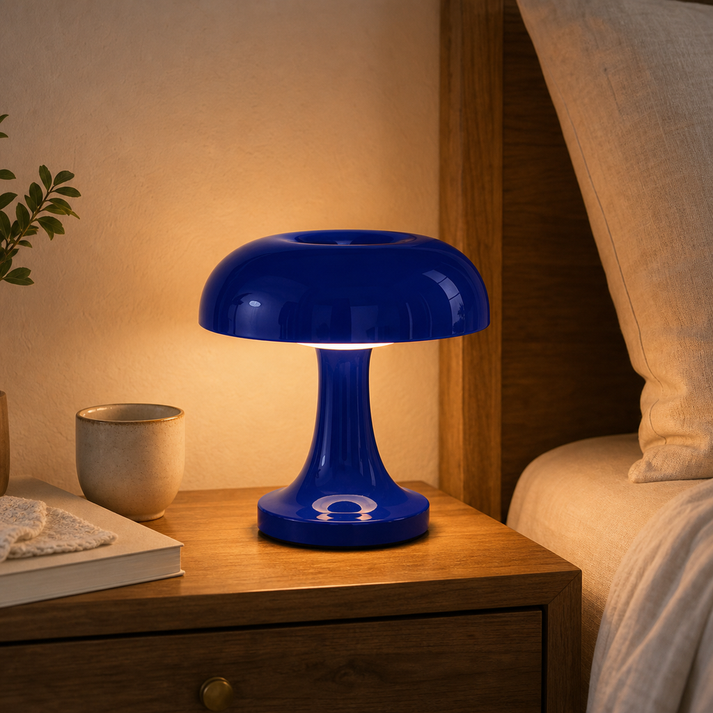 Glossy cobalt-blue LED mushroom table lamp on a warm bedside table