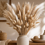 Natural dried pampas bouquet arranged in a neutral vase on a console