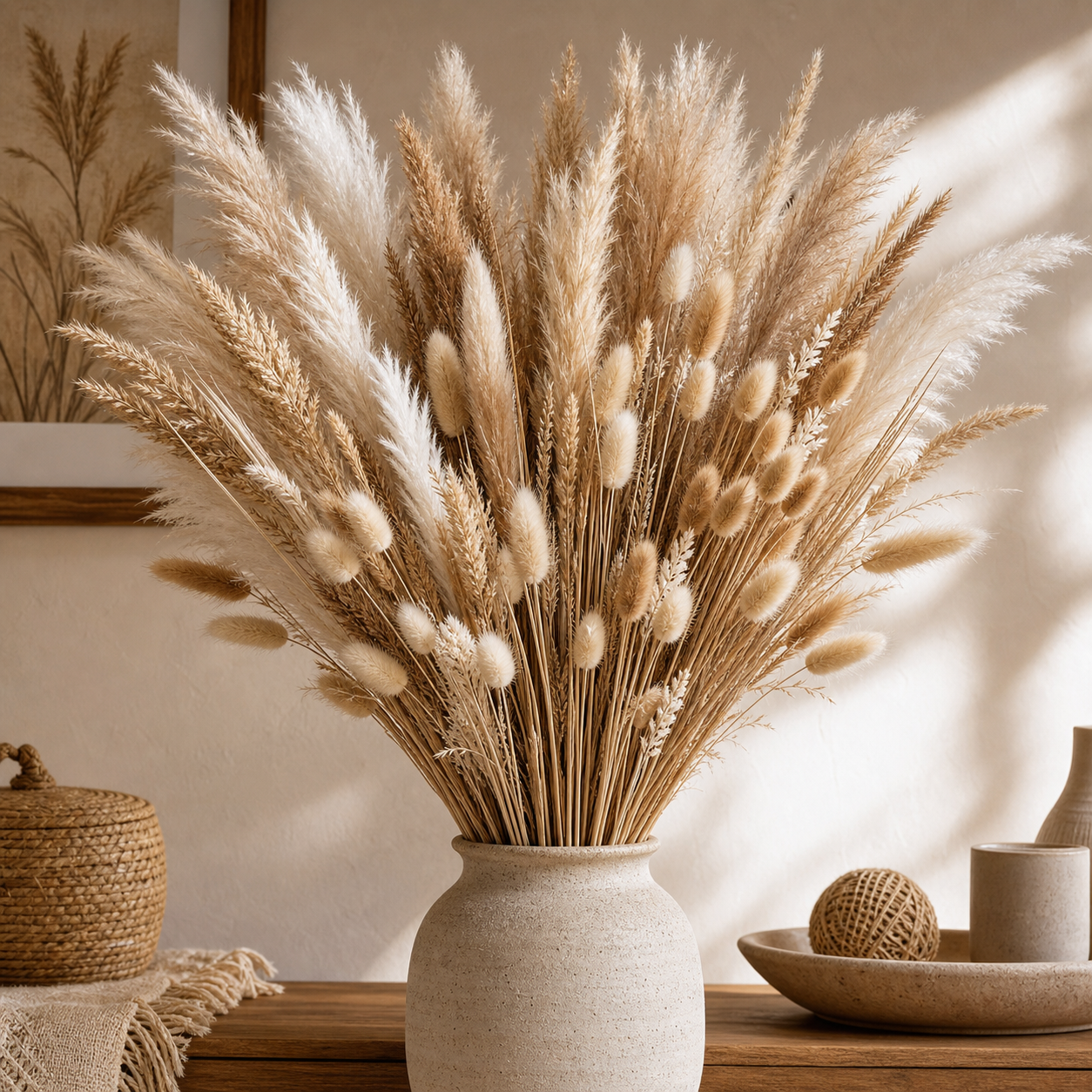 Natural dried pampas bouquet arranged in a neutral vase on a console