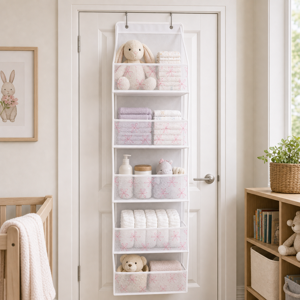 Cozy Haven Over-Door Nursery Pocket Organizer - white five-pocket over-door nursery organizer single