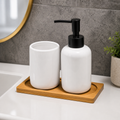 Cozy Haven White Ceramic Soap Dispenser Tray Set styled bathroom view 1