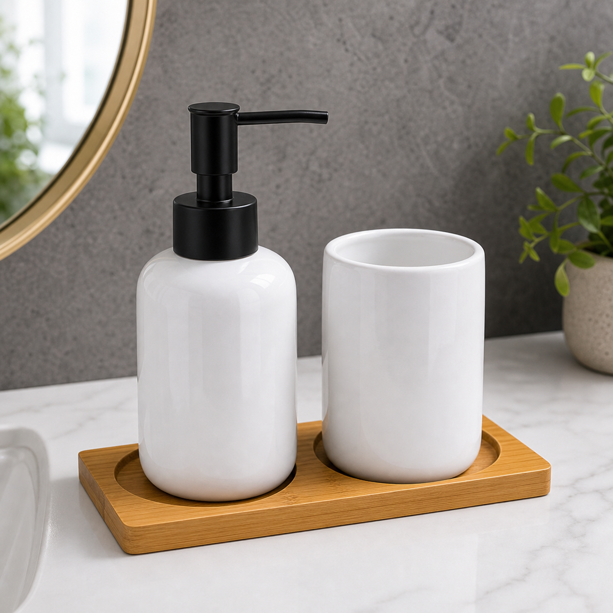 Cozy Haven White Ceramic Soap Dispenser Tray Set styled bathroom view 2