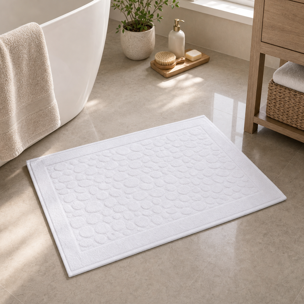 Cozy Haven Cotton Bath Mat - White Cobblestone lifestyle bathroom scene