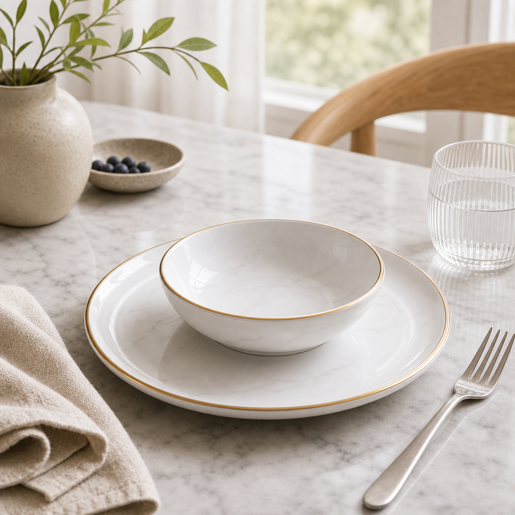 Cozy Haven White Marble Dinnerware 1/2/4/6/8 Person Set lifestyle image 2