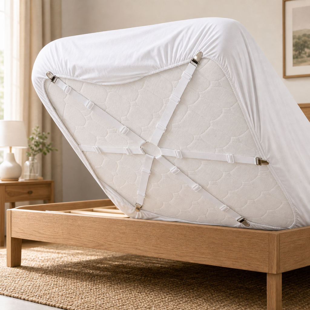 Cozy Haven Bed Sheet Straps - white 12-clip multi-strap system lifestyle
