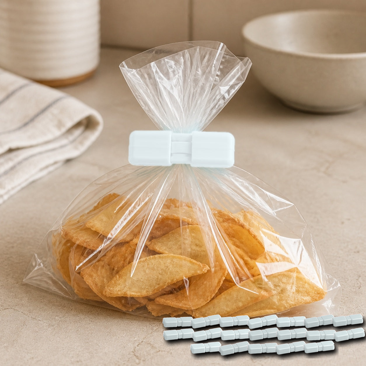 Cozy Haven Food Bag Sealing Clips - White - 20 Piece Set exact pack count on kitchen counter