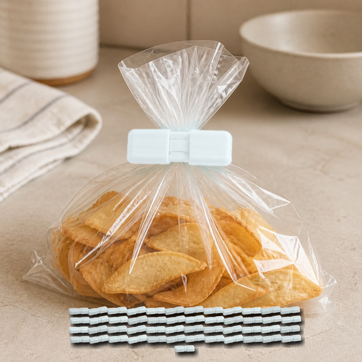 Cozy Haven Food Bag Sealing Clips - White - 50 Piece Set exact pack count on kitchen counter