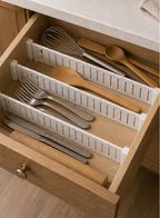 Cozy Haven White Adjustable Drawer Divider Set organizing kitchen utensils