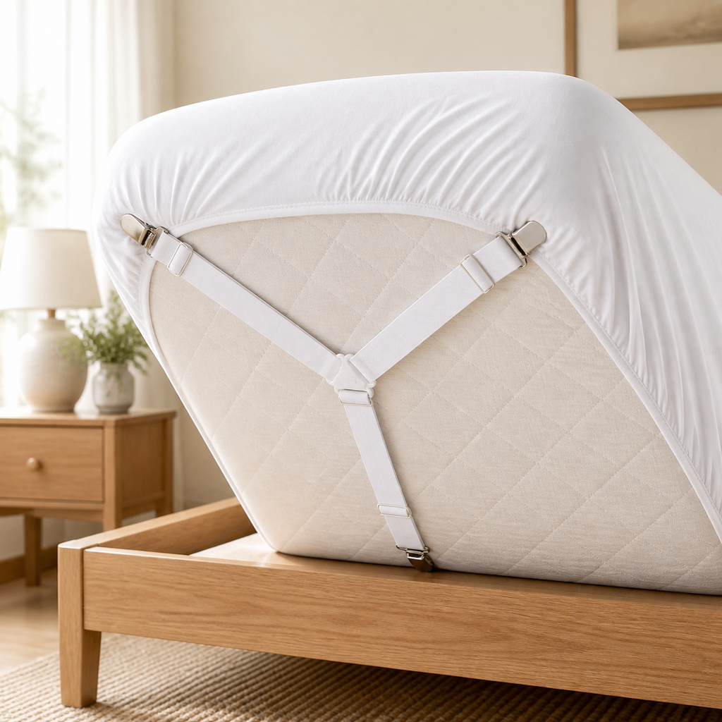 Cozy Haven Bed Sheet Straps - white 2-piece and 4-piece installed strap lifestyle