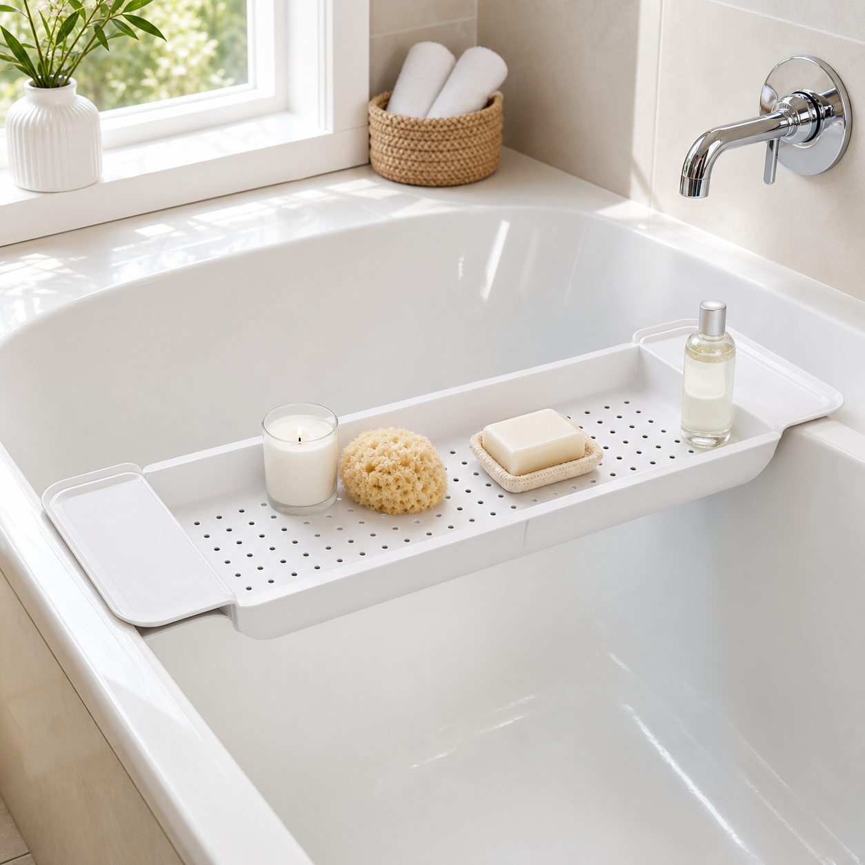 Cozy Haven Adjustable Plastic Bathtub Tray - White