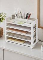 Cozy Haven White Desktop Organizer Caddy with stationery trays and desk tools