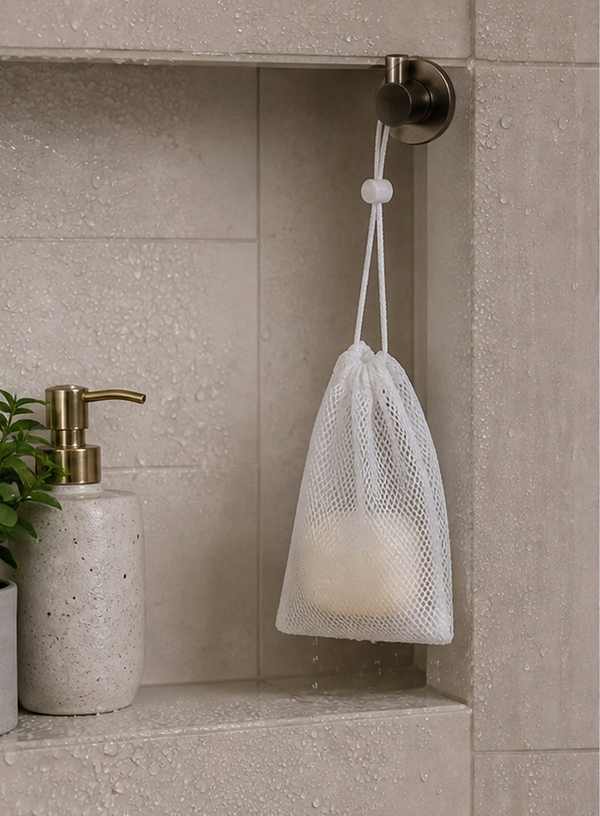 Cozy Haven White Mesh Soap Saver Bags styled in a home setting