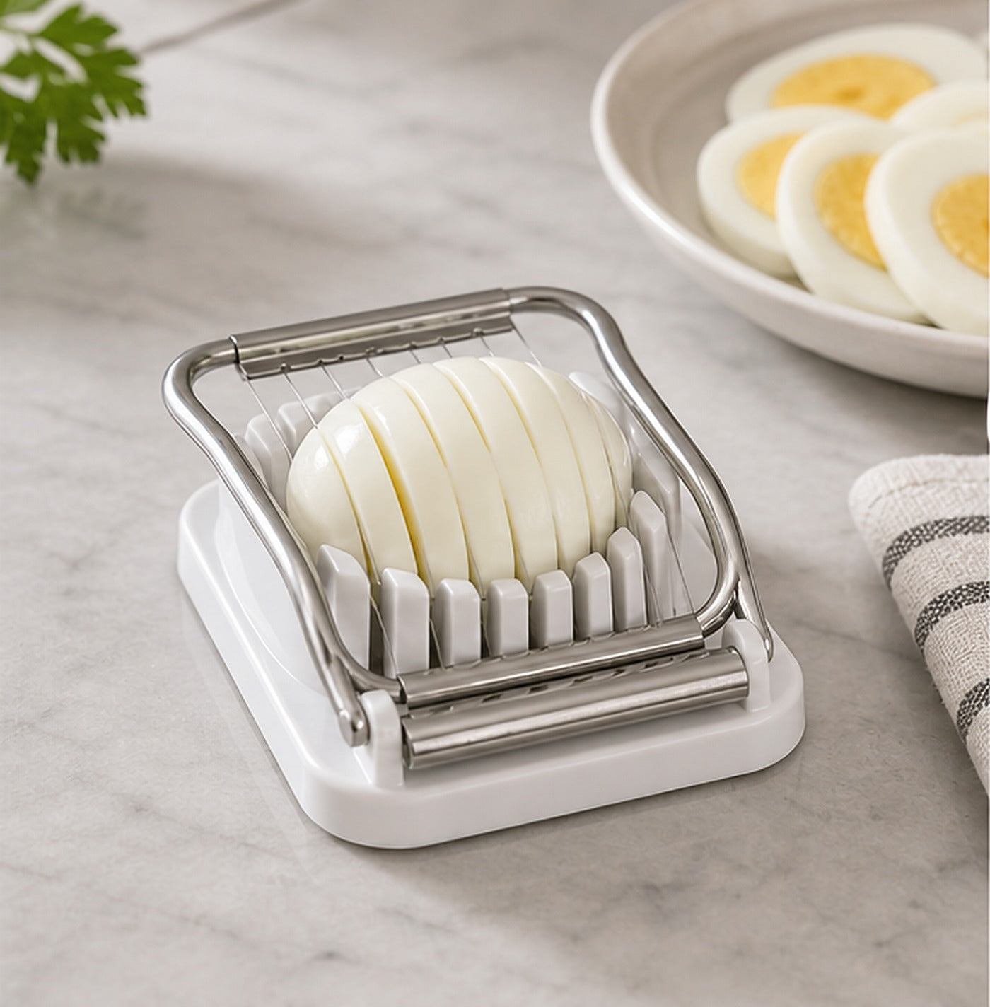 Cozy Haven White Stainless Egg Slicer lifestyle image 2