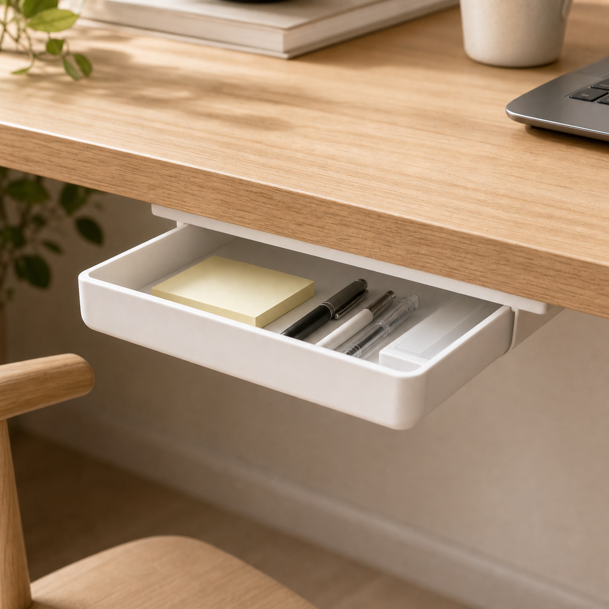 Cozy Haven White XL Under-Desk Drawer Organizer styled in a home setting
