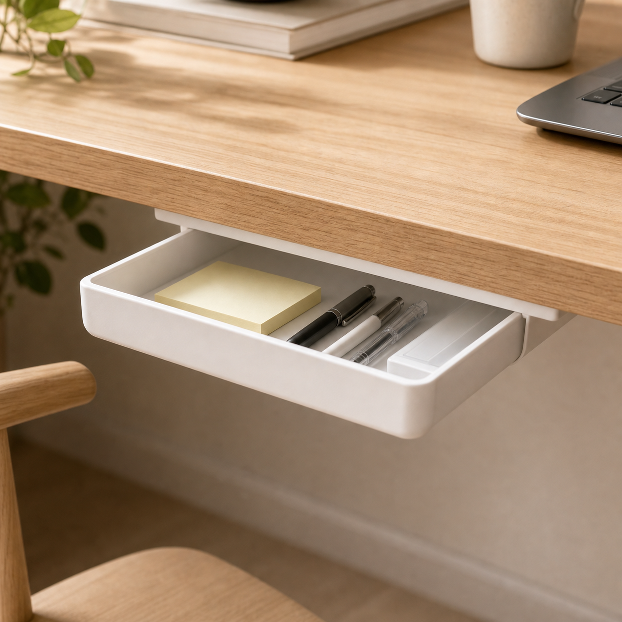 Cozy Haven white XL under-desk drawer organizer open under a desk